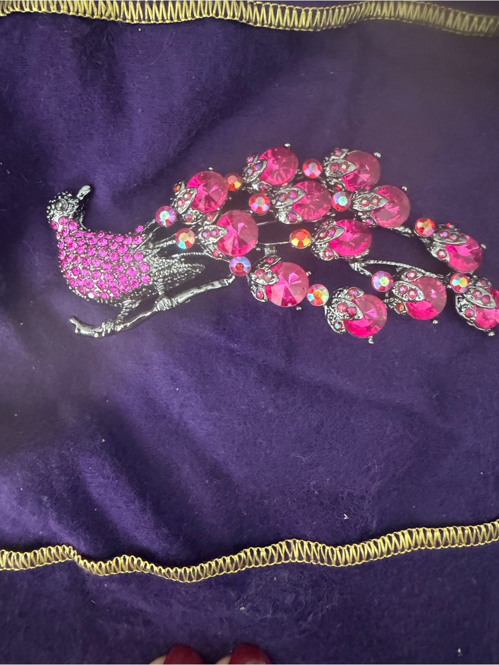 Large Pink Crystal Peacock Brooch kitschy